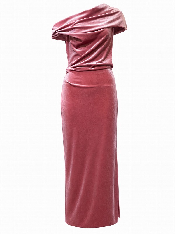 【新品DRESS 4341】アシンメトリーオフショルメタリックドレープタイトロングドレス ピンク【asos】